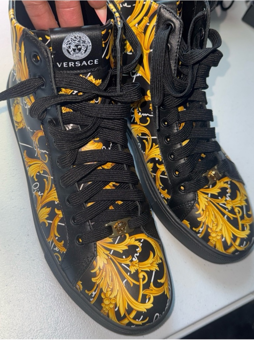 Versace Men High-Top Sneakers in Black and Gold Baroque Print